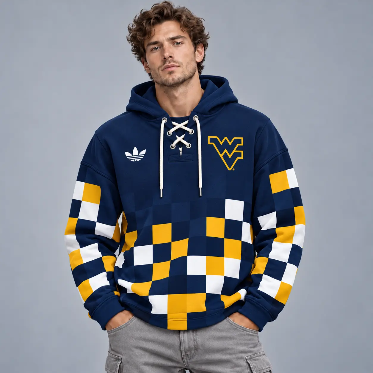 West Virginia Mountaineers | Premium NCAA Retro Checkerboard Color Block Lace Up V Neck Pullover Hoodie NDN