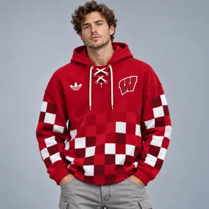 Wisconsin Badgers | Premium NCAA Retro Checkerboard Color Block Lace Up V Neck Pullover Hoodie NDN