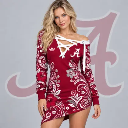 Alabama Crimson Tide | Premium NCAA Women's Bohemian Paisley Floral Print Off Shoulder Lace Up Long Sleeve Mini Dress NDN