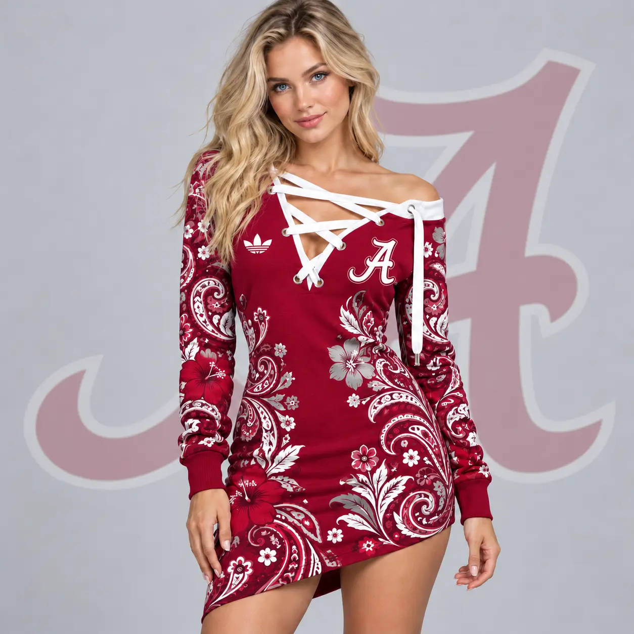 Alabama Crimson Tide | Premium NCAA Women's Bohemian Paisley Floral Print Off Shoulder Lace Up Long Sleeve Mini Dress NDN