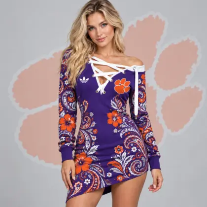 Clemson Tigers | Premium NCAA Women's Bohemian Paisley Floral Print Off Shoulder Lace Up Long Sleeve Mini Dress NDN