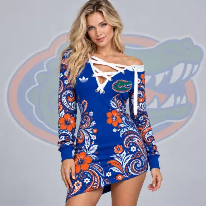 Florida Gators | Premium NCAA Women's Bohemian Paisley Floral Print Off Shoulder Lace Up Long Sleeve Mini Dress NDN
