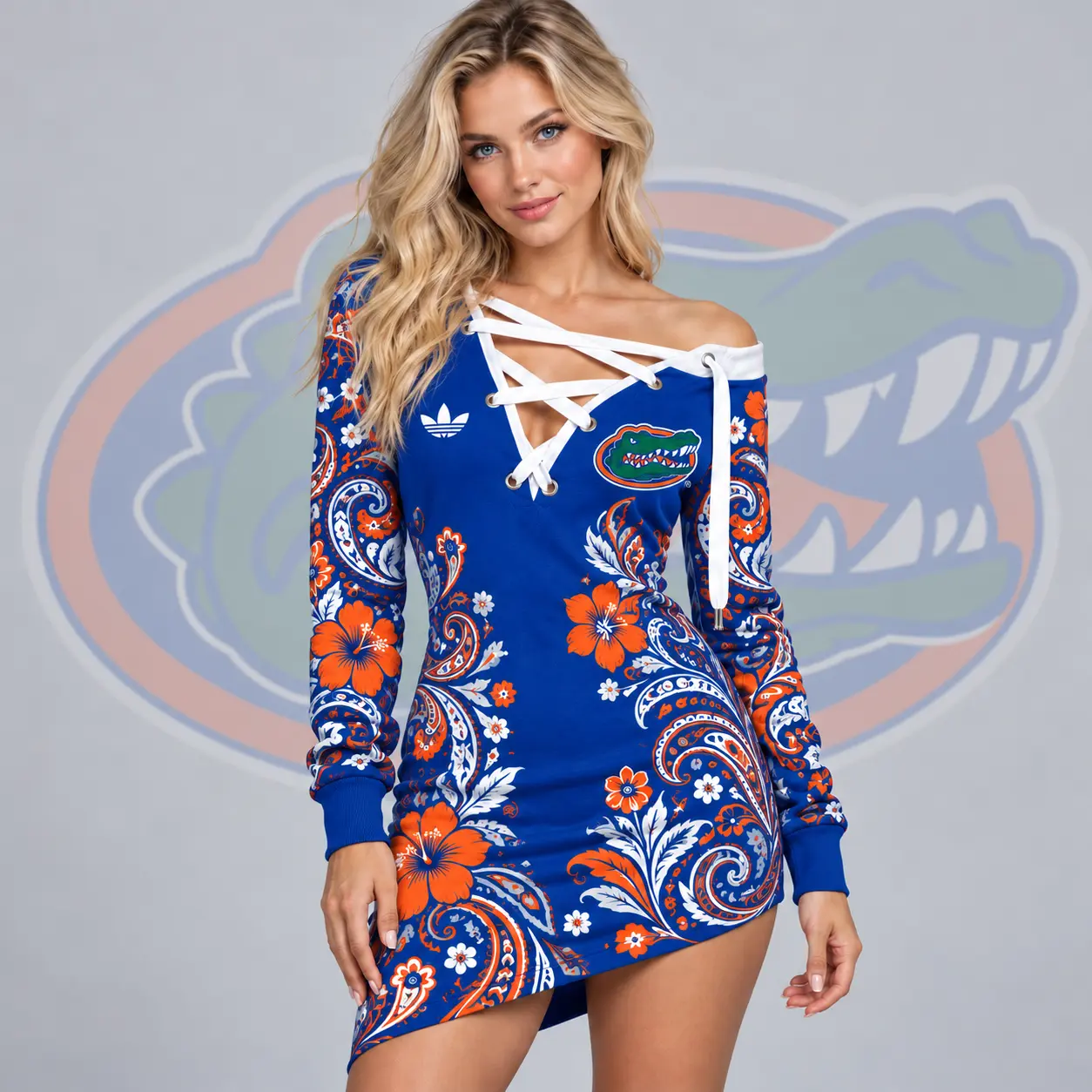 Florida Gators | Premium NCAA Women's Bohemian Paisley Floral Print Off Shoulder Lace Up Long Sleeve Mini Dress NDN