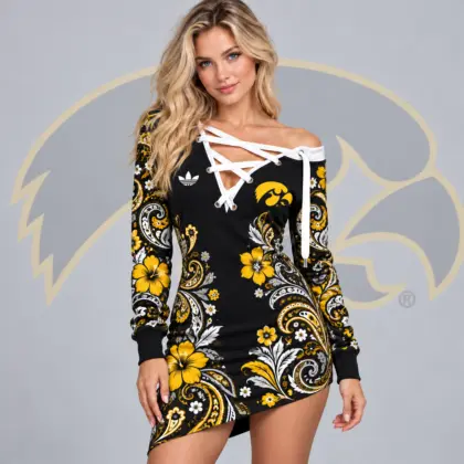 Iowa Hawkeyes | Premium NCAA Women's Bohemian Paisley Floral Print Off Shoulder Lace Up Long Sleeve Mini Dress NDN