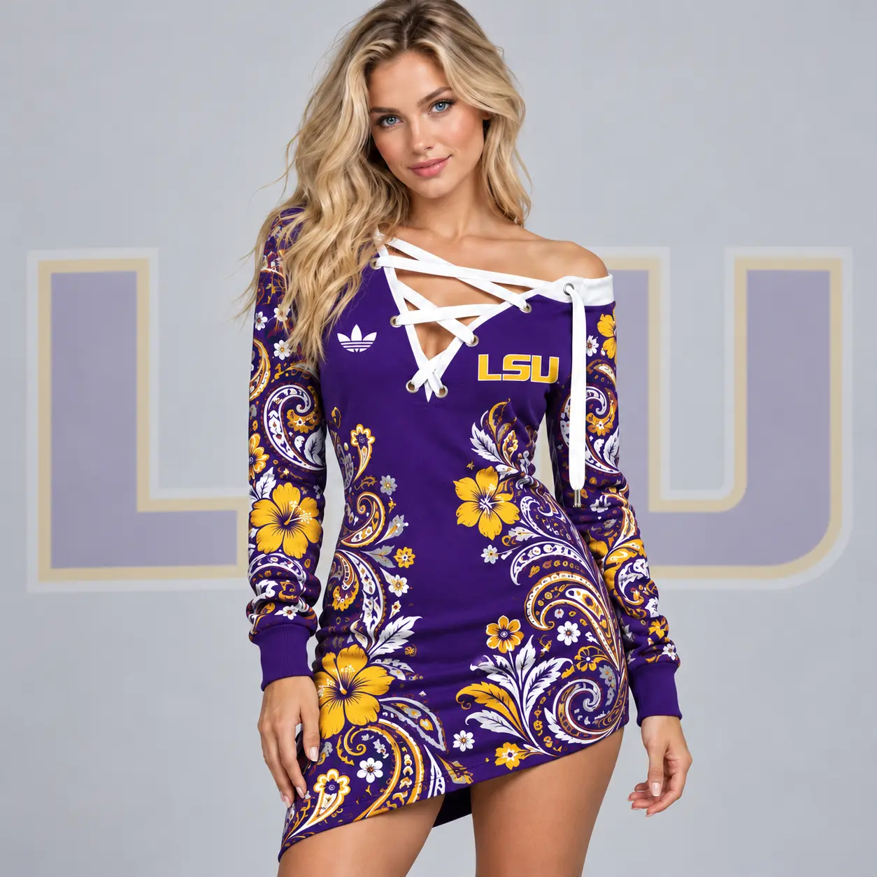 Lsu Tigers | Premium NCAA Women's Bohemian Paisley Floral Print Off Shoulder Lace Up Long Sleeve Mini Dress NDN