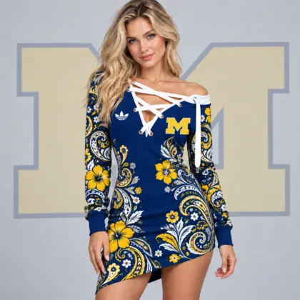 Michigan Wolverines | Premium NCAA Women's Bohemian Paisley Floral Print Off Shoulder Lace Up Long Sleeve Mini Dress NDN