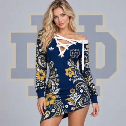 Notre Dame Fighting Irish | Premium NCAA Women's Bohemian Paisley Floral Print Off Shoulder Lace Up Long Sleeve Mini Dress NDN