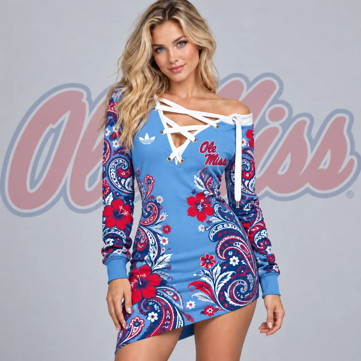 Ole Miss Rebels | Premium NCAA Women's Bohemian Paisley Floral Print Off Shoulder Lace Up Long Sleeve Mini Dress NDN
