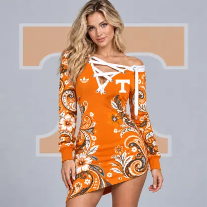 Tennessee Volunteers | Premium NCAA Women's Bohemian Paisley Floral Print Off Shoulder Lace Up Long Sleeve Mini Dress NDN