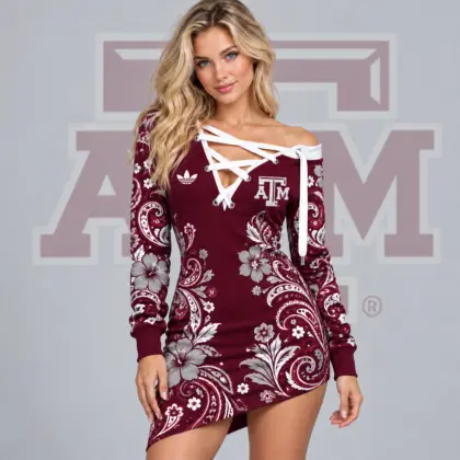 Texas A&m Aggies | Premium NCAA Women's Bohemian Paisley Floral Print Off Shoulder Lace Up Long Sleeve Mini Dress NDN