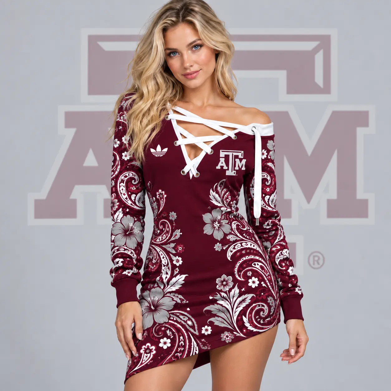 Texas A&m Aggies | Premium NCAA Women's Bohemian Paisley Floral Print Off Shoulder Lace Up Long Sleeve Mini Dress NDN