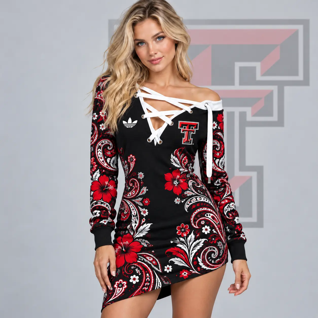 Texas Tech Red Raiders | Premium NCAA Women's Bohemian Paisley Floral Print Off Shoulder Lace Up Long Sleeve Mini Dress NDN