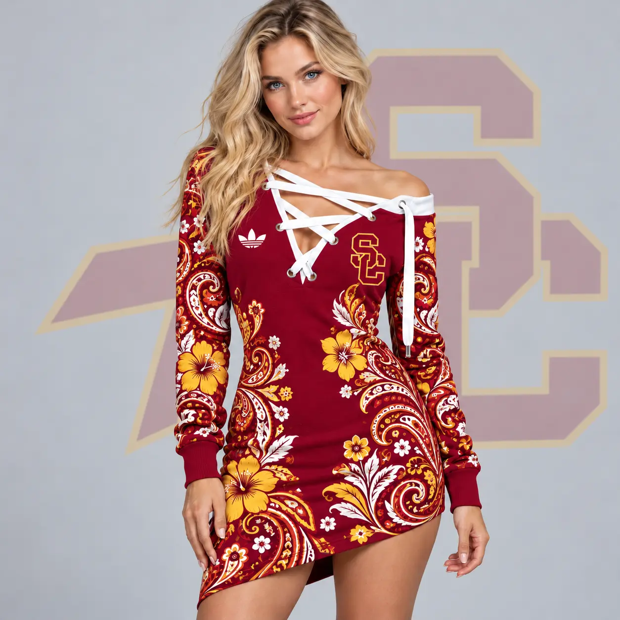 Usc Trojans | Premium NCAA Women's Bohemian Paisley Floral Print Off Shoulder Lace Up Long Sleeve Mini Dress NDN