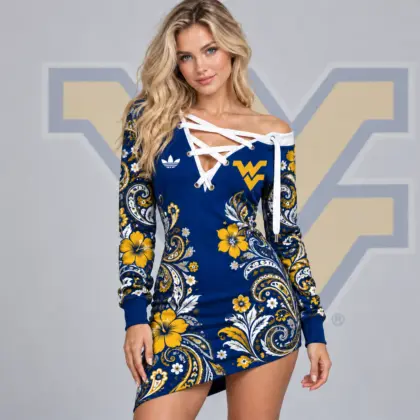 West Virginia Mountaineers | Premium NCAA Women's Bohemian Paisley Floral Print Off Shoulder Lace Up Long Sleeve Mini Dress NDN