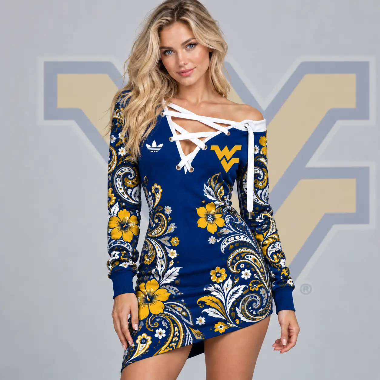 West Virginia Mountaineers | Premium NCAA Women's Bohemian Paisley Floral Print Off Shoulder Lace Up Long Sleeve Mini Dress NDN