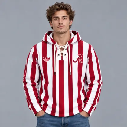 Alabama Crimson Tide | Premium NCAA Classic Vertical Stripe Lace Up V Neck Pullover Hoodie NDN