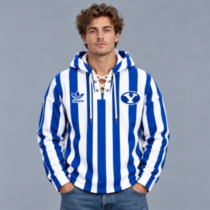 Byu Cougars | Premium NCAA Classic Vertical Stripe Lace Up V Neck Pullover Hoodie NDN