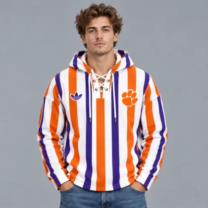 Clemson Tigers | Premium NCAA Classic Vertical Stripe Lace Up V Neck Pullover Hoodie NDN