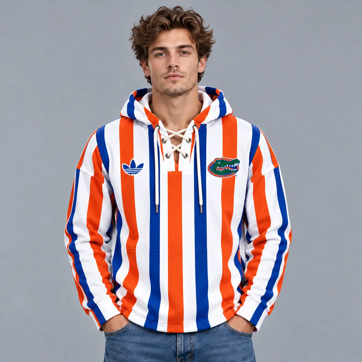 Florida Gators | Premium NCAA Classic Vertical Stripe Lace Up V Neck Pullover Hoodie NDN