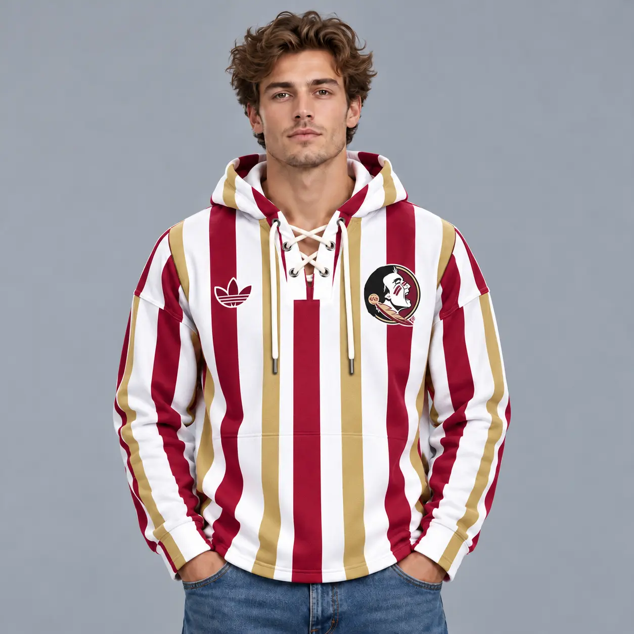 Florida State Seminoles | Premium NCAA Classic Vertical Stripe Lace Up V Neck Pullover Hoodie NDN