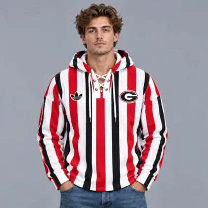 Georgia Bulldogs | Premium NCAA Classic Vertical Stripe Lace Up V Neck Pullover Hoodie NDN
