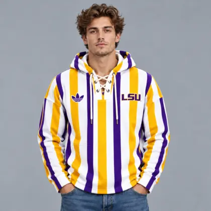 Lsu Tigers | Premium NCAA Classic Vertical Stripe Lace Up V Neck Pullover Hoodie NDN