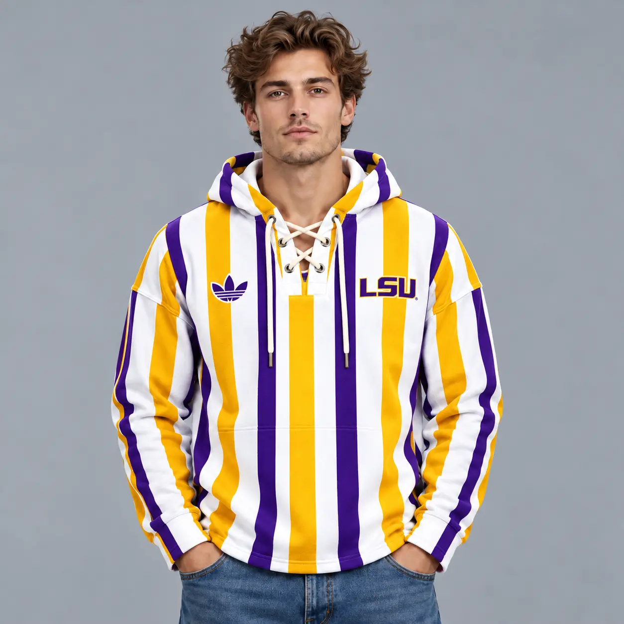 Lsu Tigers | Premium NCAA Classic Vertical Stripe Lace Up V Neck Pullover Hoodie NDN