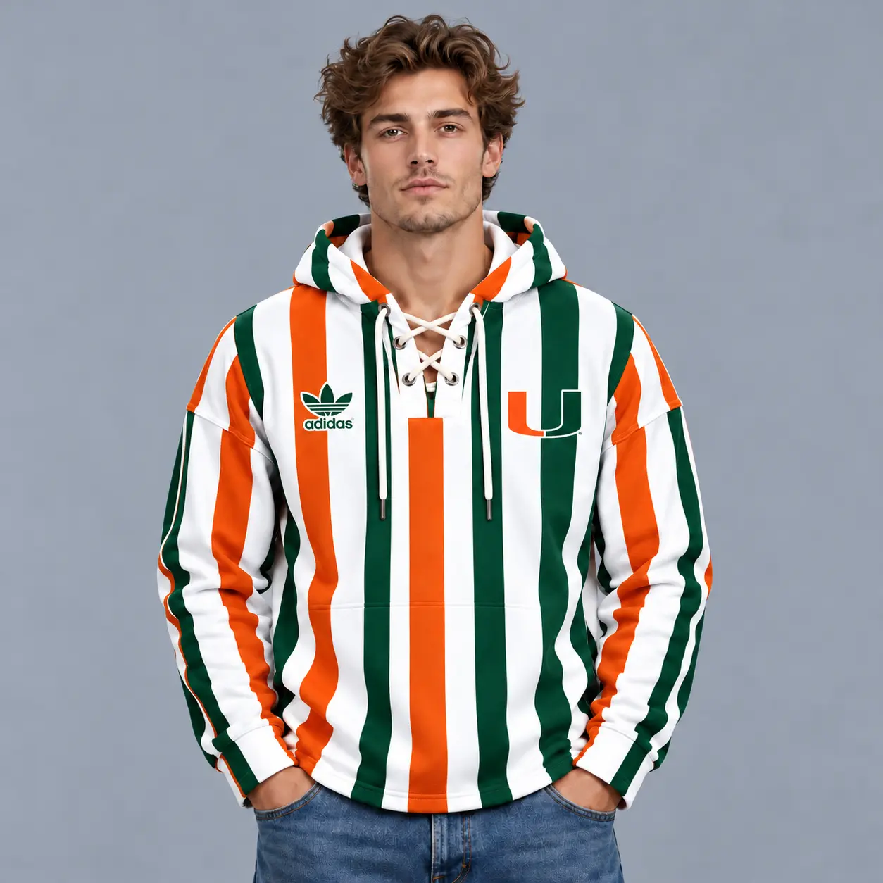 Miami Hurricanes | Premium NCAA Classic Vertical Stripe Lace Up V Neck Pullover Hoodie NDN