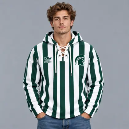 Michigan State Spartans | Premium NCAA Classic Vertical Stripe Lace Up V Neck Pullover Hoodie NDN