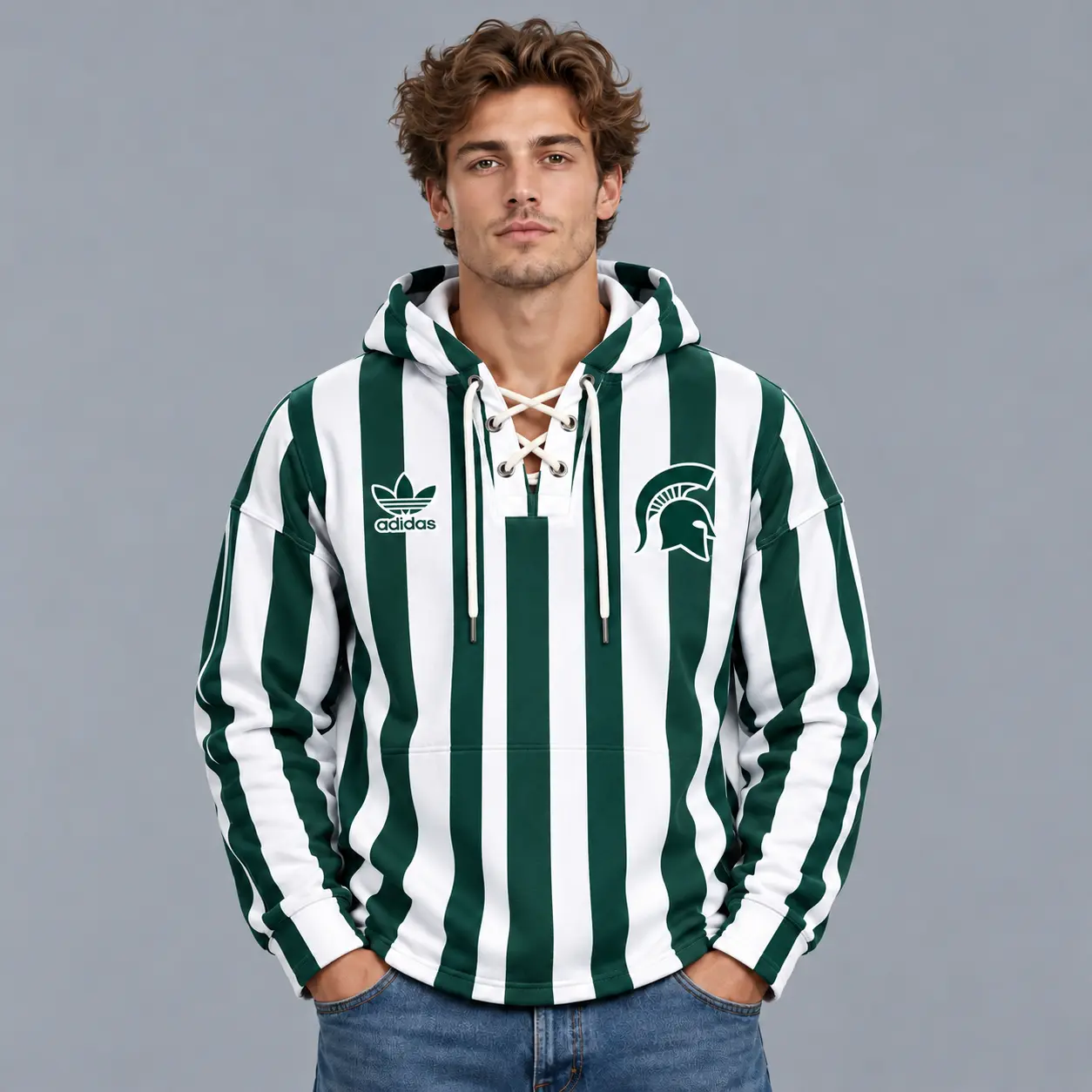 Michigan State Spartans | Premium NCAA Classic Vertical Stripe Lace Up V Neck Pullover Hoodie NDN