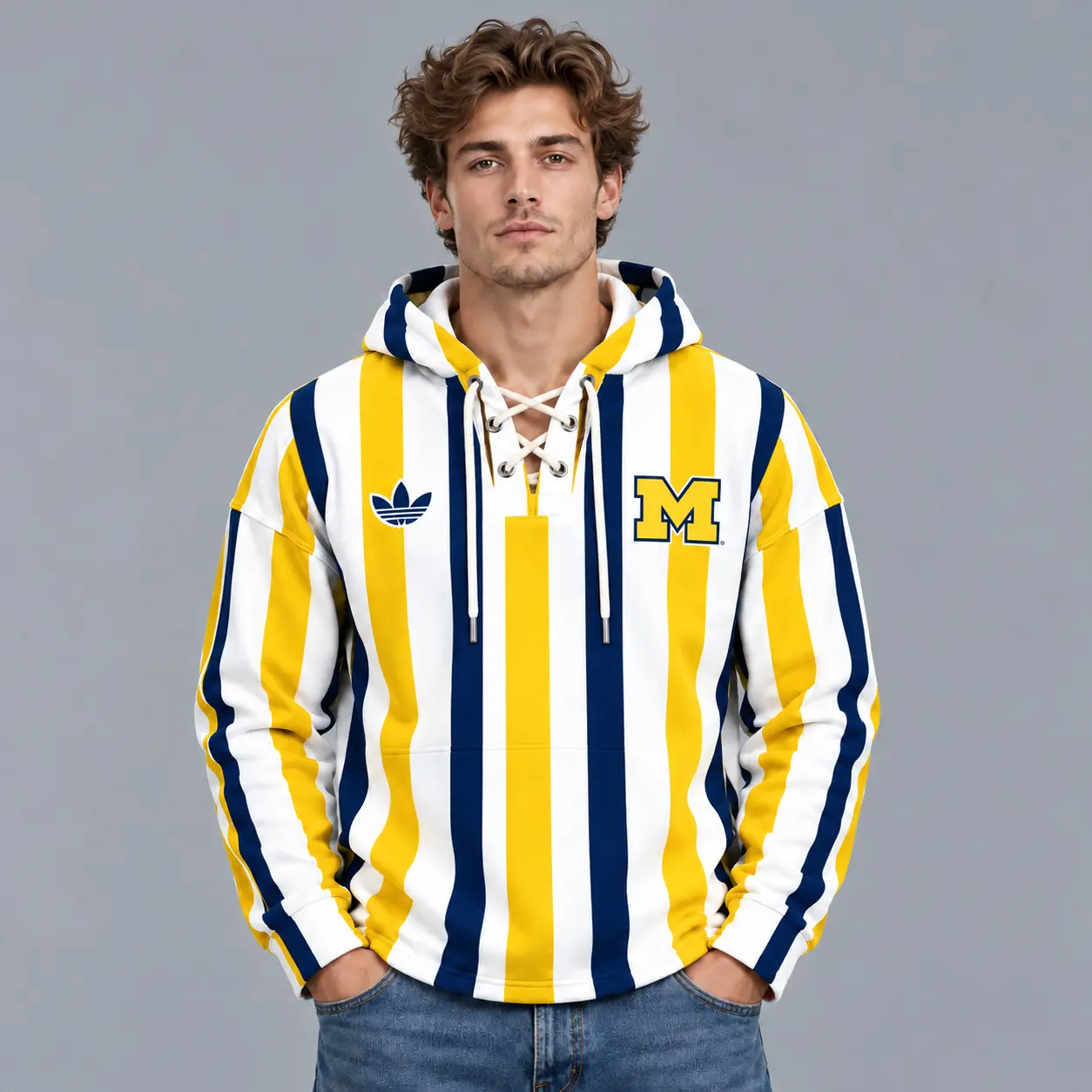 Michigan Wolverines | Premium NCAA Classic Vertical Stripe Lace Up V Neck Pullover Hoodie NDN