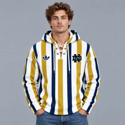 Notre Dame Fighting Irish | Premium NCAA Classic Vertical Stripe Lace Up V Neck Pullover Hoodie NDN