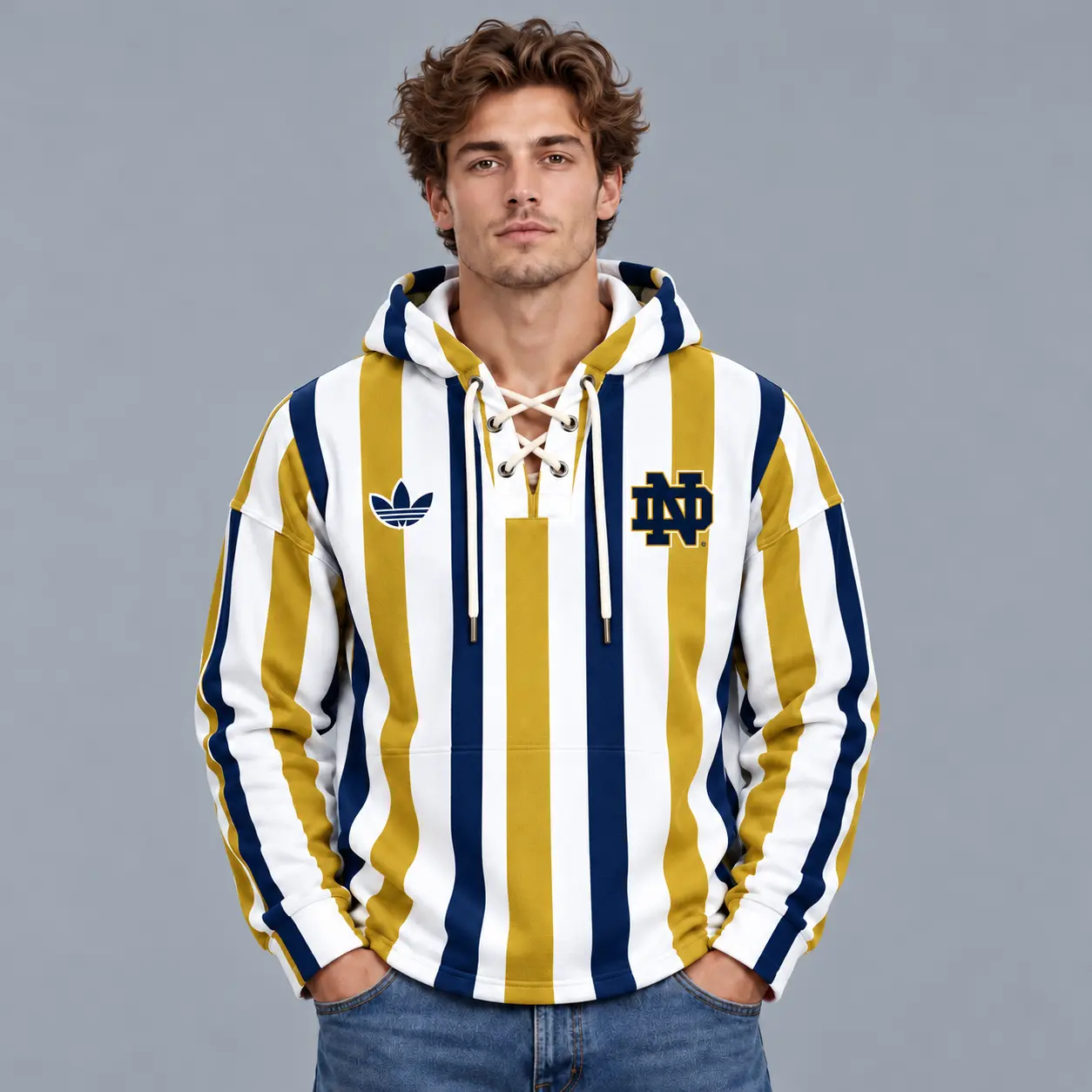 Notre Dame Fighting Irish | Premium NCAA Classic Vertical Stripe Lace Up V Neck Pullover Hoodie NDN
