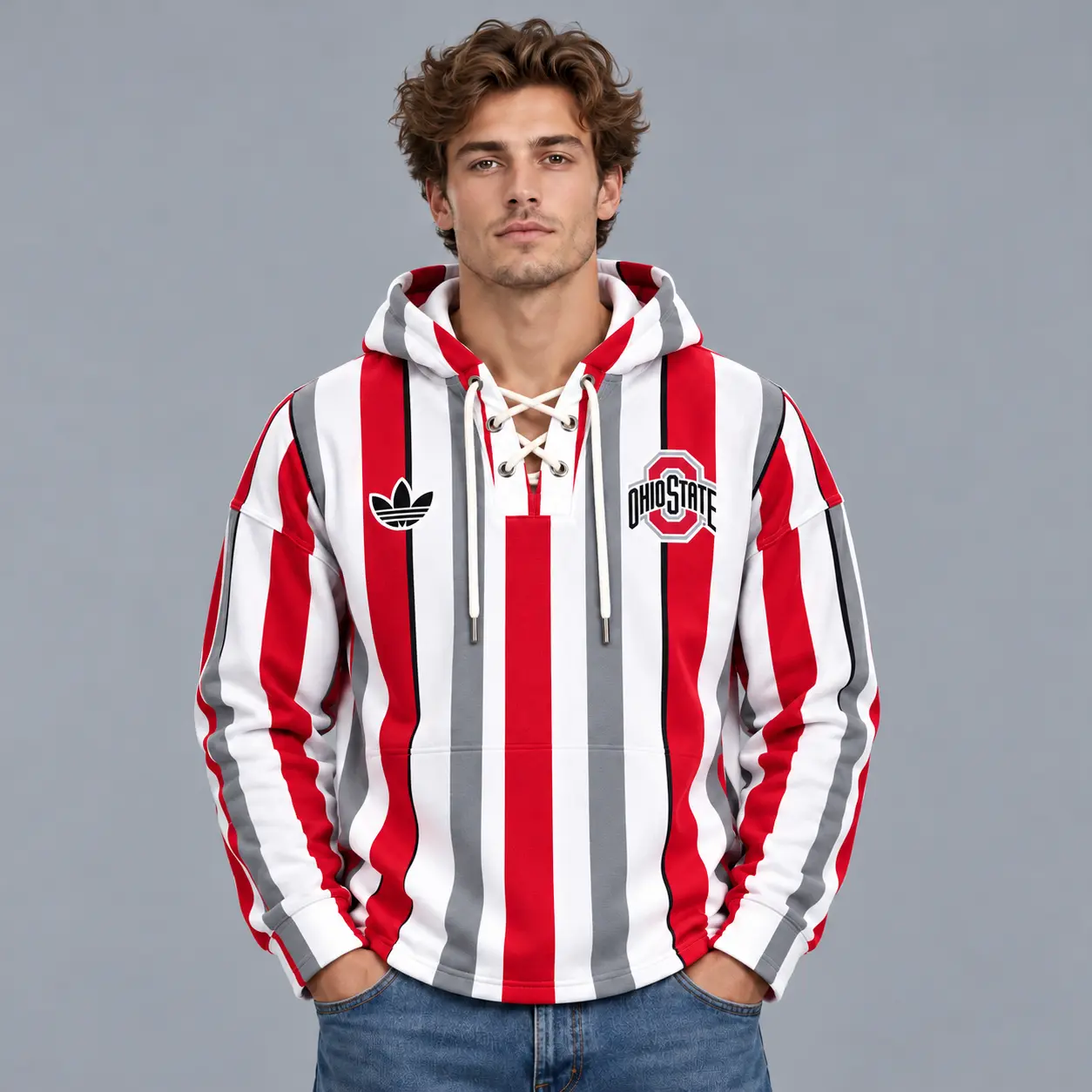 Ohio State Buckeyes | Premium NCAA Classic Vertical Stripe Lace Up V Neck Pullover Hoodie NDN