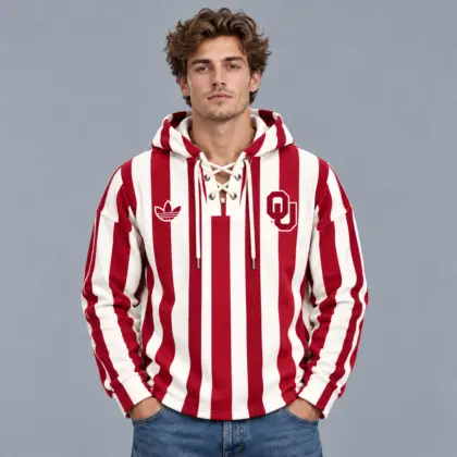 Oklahoma Sooners | Premium NCAA Classic Vertical Stripe Lace Up V Neck Pullover Hoodie NDN