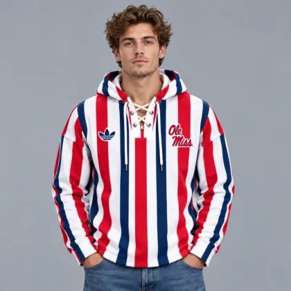 Ole Miss Rebels | Premium NCAA Classic Vertical Stripe Lace Up V Neck Pullover Hoodie NDN