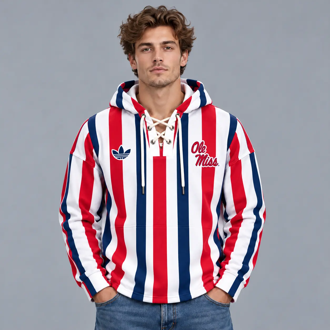 Ole Miss Rebels | Premium NCAA Classic Vertical Stripe Lace Up V Neck Pullover Hoodie NDN