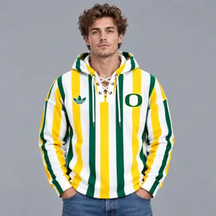 Oregon Ducks | Premium NCAA Classic Vertical Stripe Lace Up V Neck Pullover Hoodie NDN
