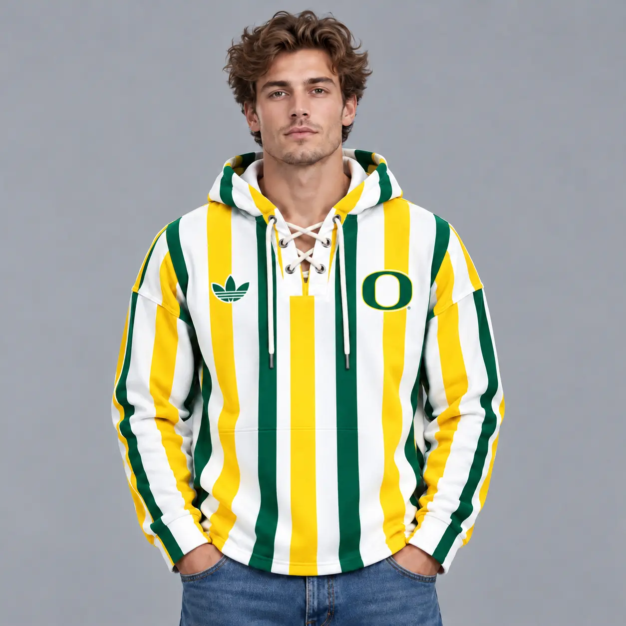 Oregon Ducks | Premium NCAA Classic Vertical Stripe Lace Up V Neck Pullover Hoodie NDN