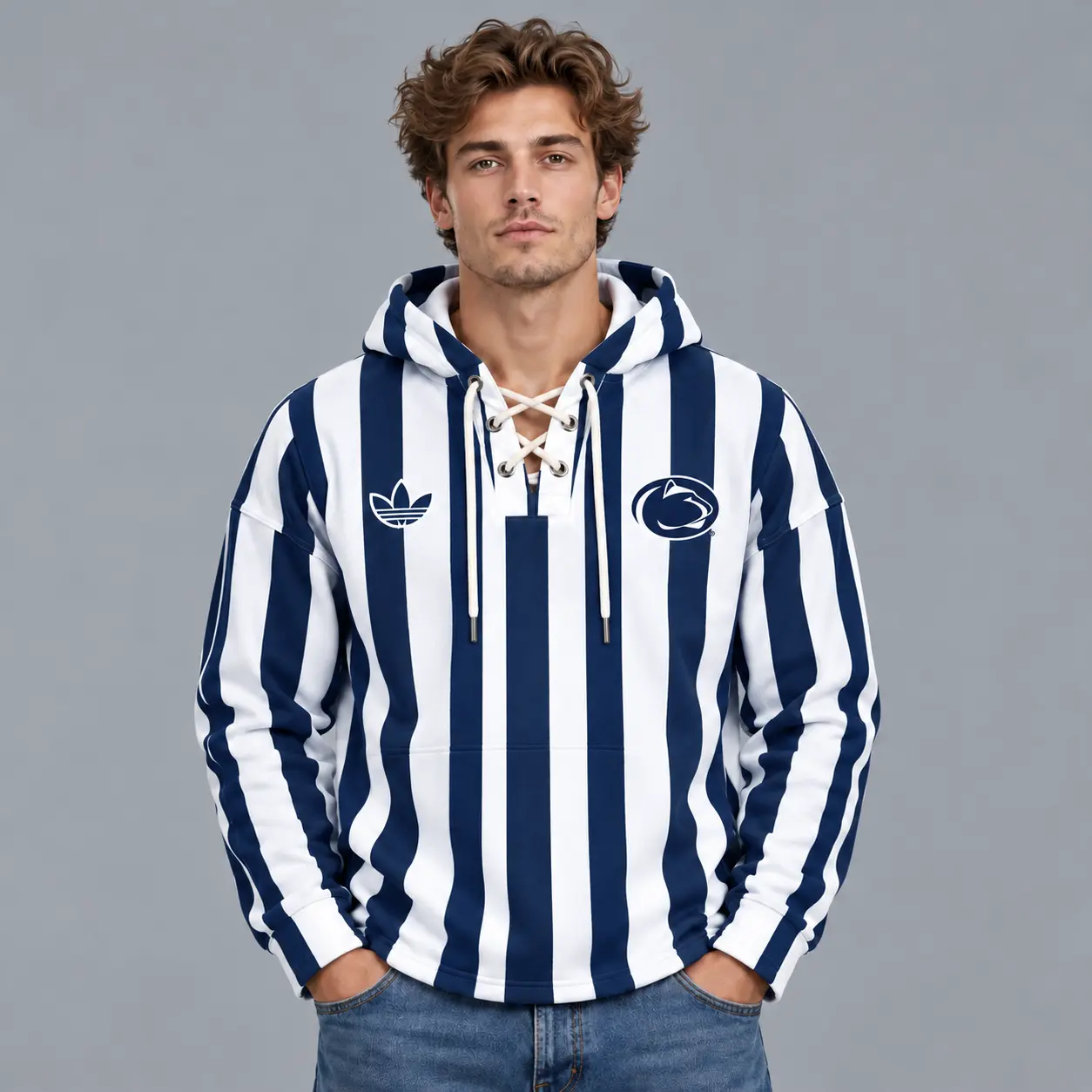 Penn State Nittany Lions | Premium NCAA Classic Vertical Stripe Lace Up V Neck Pullover Hoodie NDN