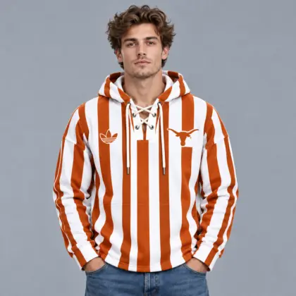 Texas Longhorns | Premium NCAA Classic Vertical Stripe Lace Up V Neck Pullover Hoodie NDN
