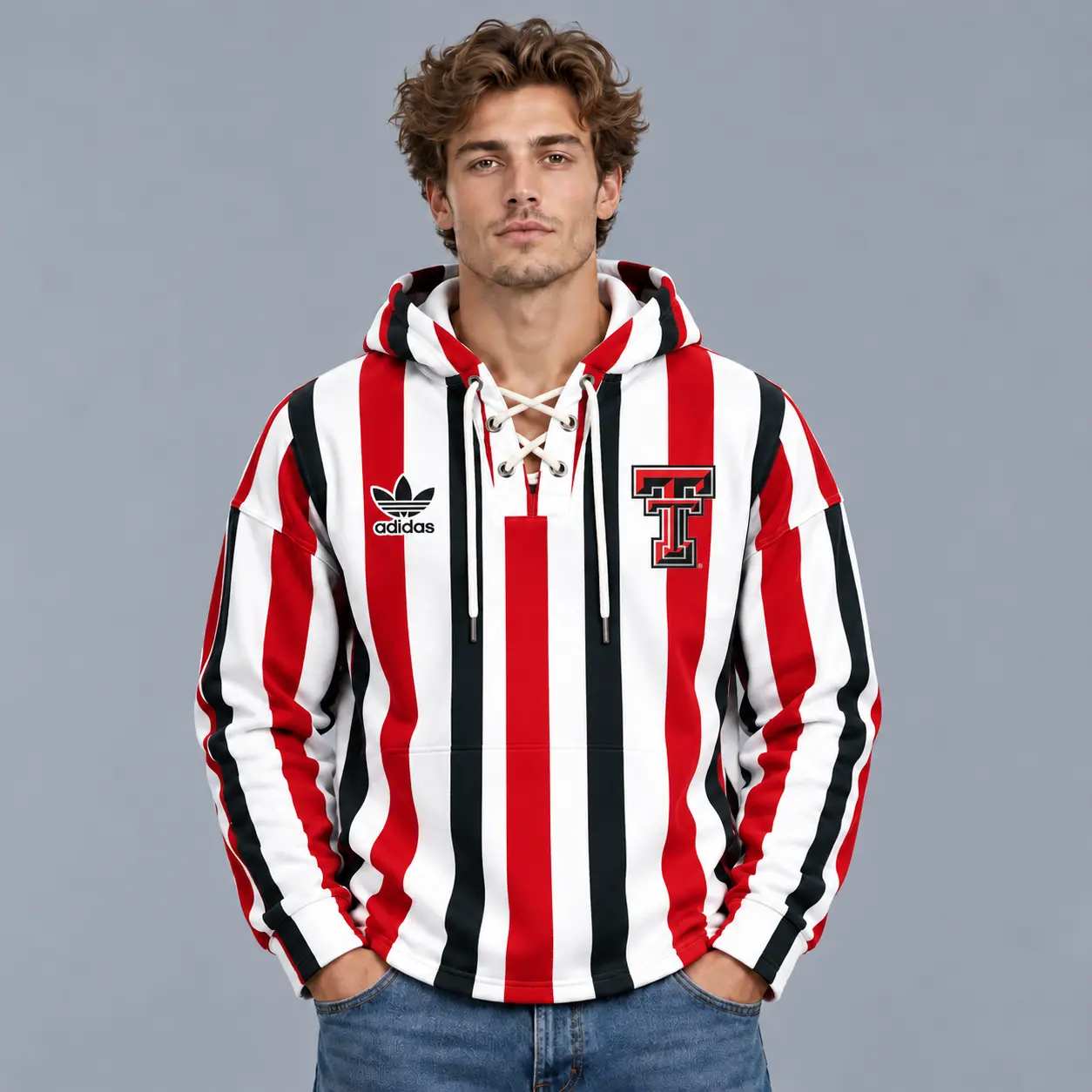 Texas Tech Red Raiders | Premium NCAA Classic Vertical Stripe Lace Up V Neck Pullover Hoodie NDN