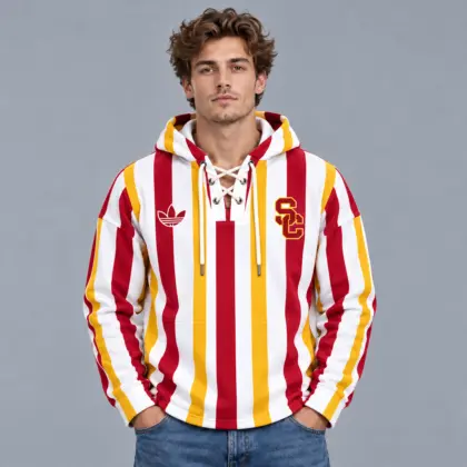 Usc Trojans | Premium NCAA Classic Vertical Stripe Lace Up V Neck Pullover Hoodie NDN