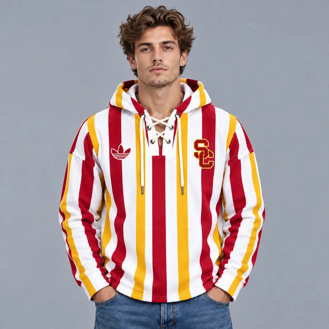 Usc Trojans | Premium NCAA Classic Vertical Stripe Lace Up V Neck Pullover Hoodie NDN