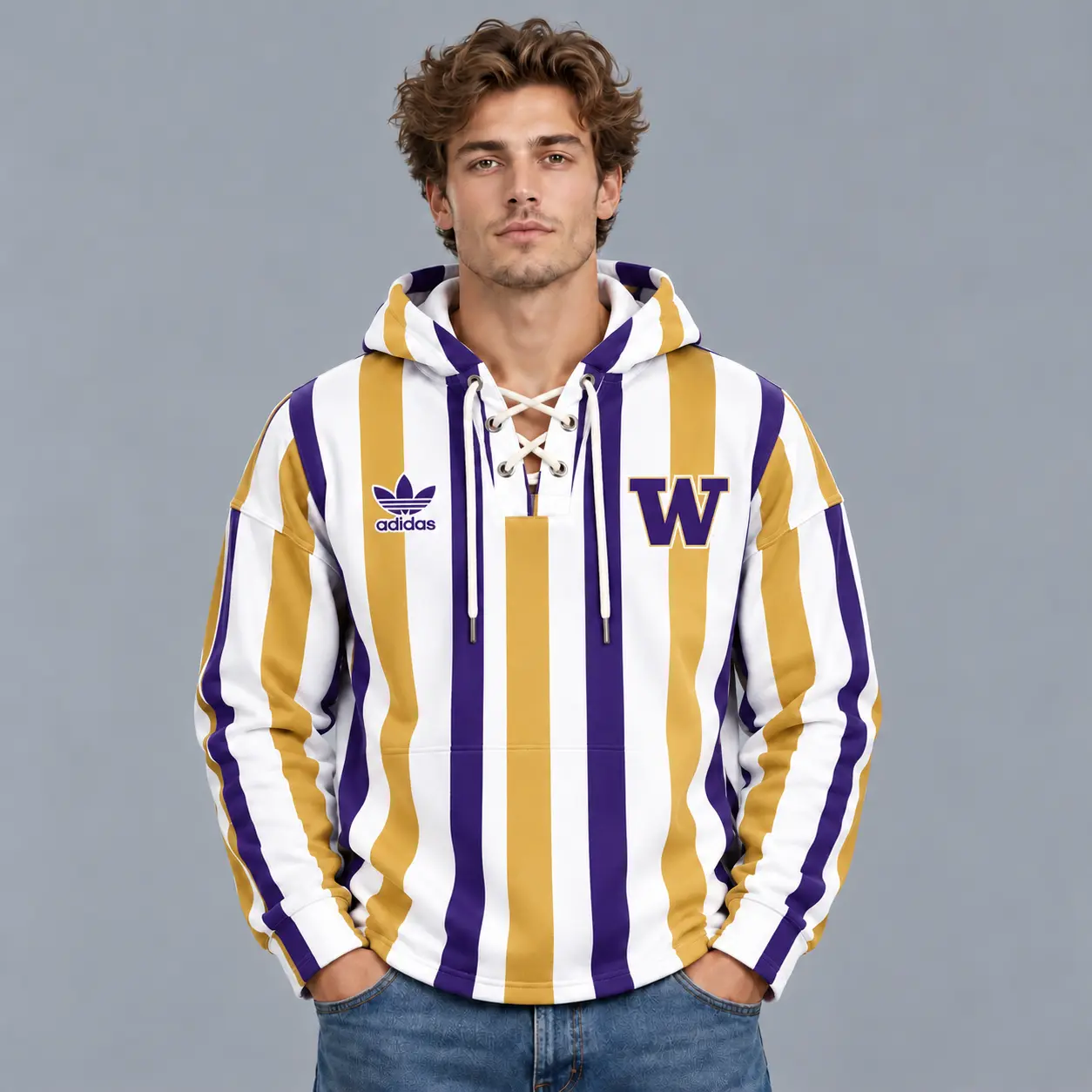 Washington Huskies | Premium NCAA Classic Vertical Stripe Lace Up V Neck Pullover Hoodie NDN