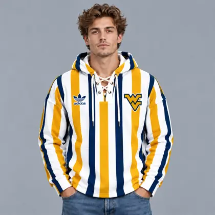 West Virginia Mountaineers | Premium NCAA Classic Vertical Stripe Lace Up V Neck Pullover Hoodie NDN