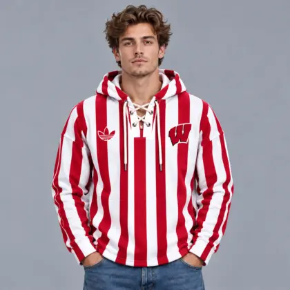 Wisconsin Badgers | Premium NCAA Classic Vertical Stripe Lace Up V Neck Pullover Hoodie NDN