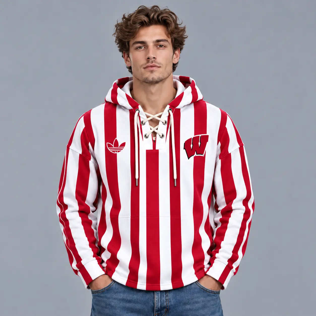 Wisconsin Badgers | Premium NCAA Classic Vertical Stripe Lace Up V Neck Pullover Hoodie NDN