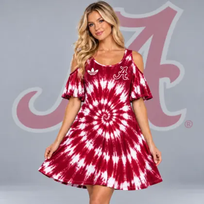 Alabama Crimson Tide | Premium NCAA Women's Spiral Tie Dye Cold Shoulder Ruffle Sleeve Flared A Line Mini Dress NDN