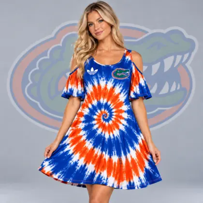 Florida Gators | Premium NCAA Women's Spiral Tie Dye Cold Shoulder Ruffle Sleeve Flared A Line Mini Dress NDN